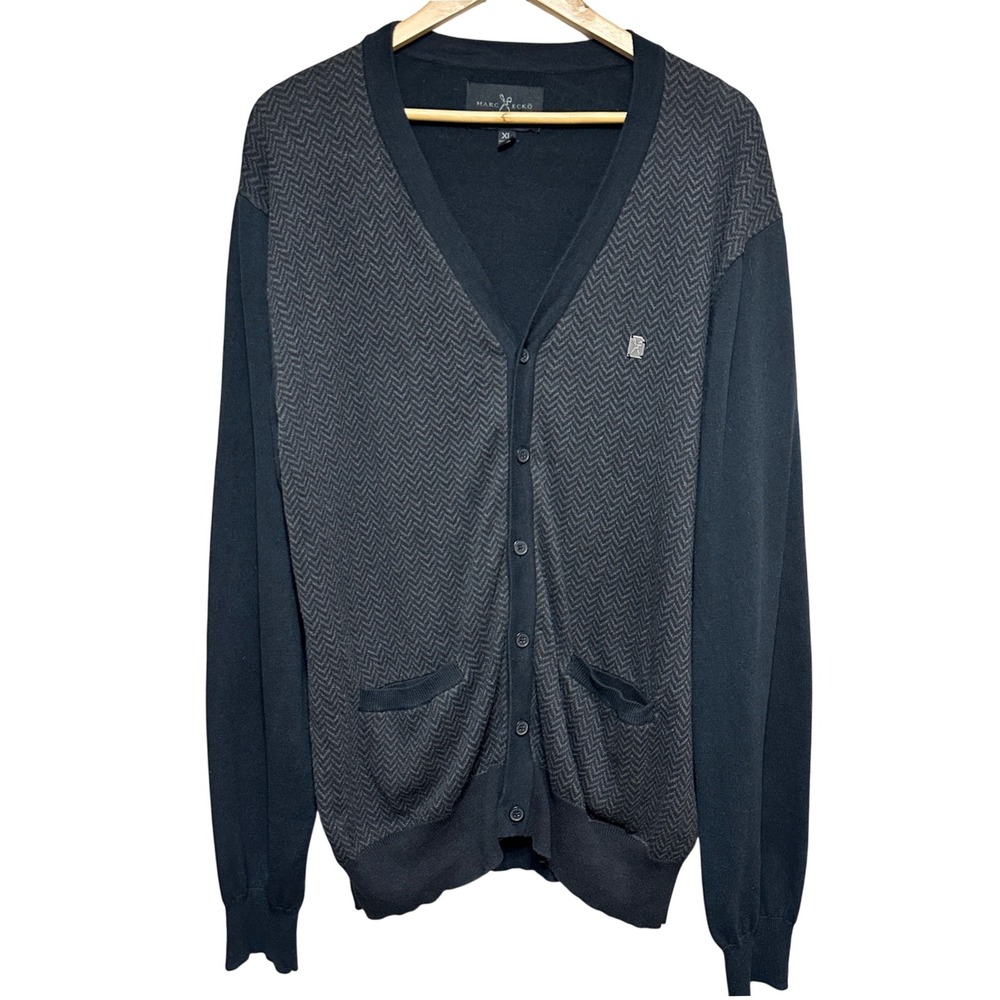 Marc Ecko Cut & Sew Mens XL Black Herringbone V-Neck Button Cardigan Sweater Dad